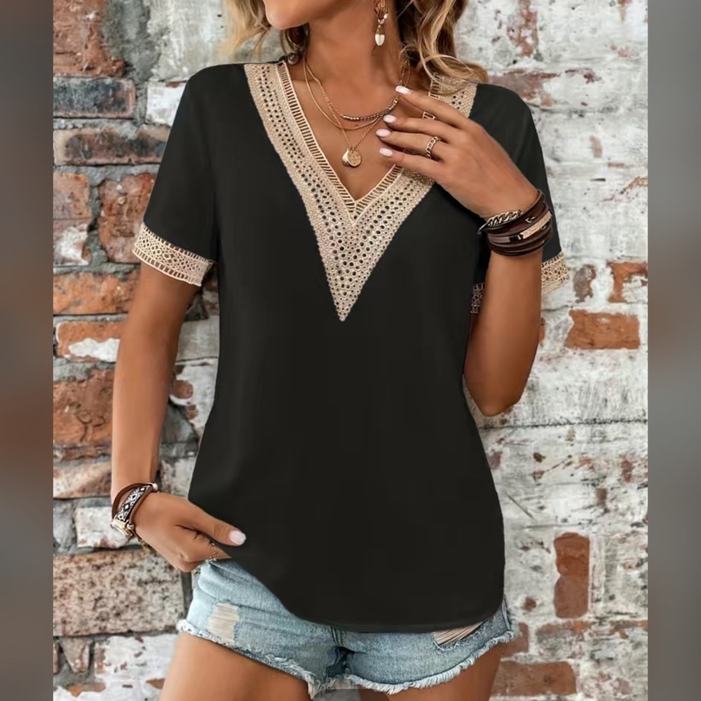 Black Embroidered Lace Short Sleeve Shirt Boho V Neck Blouse M L XL New - Picture 4 of 6